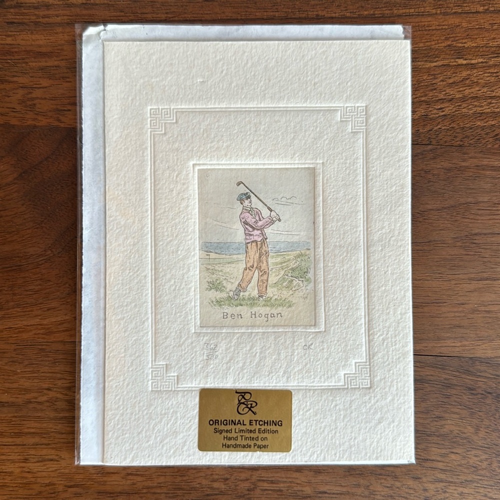 Limited edition signed etching of Ben Hogan playing golf.